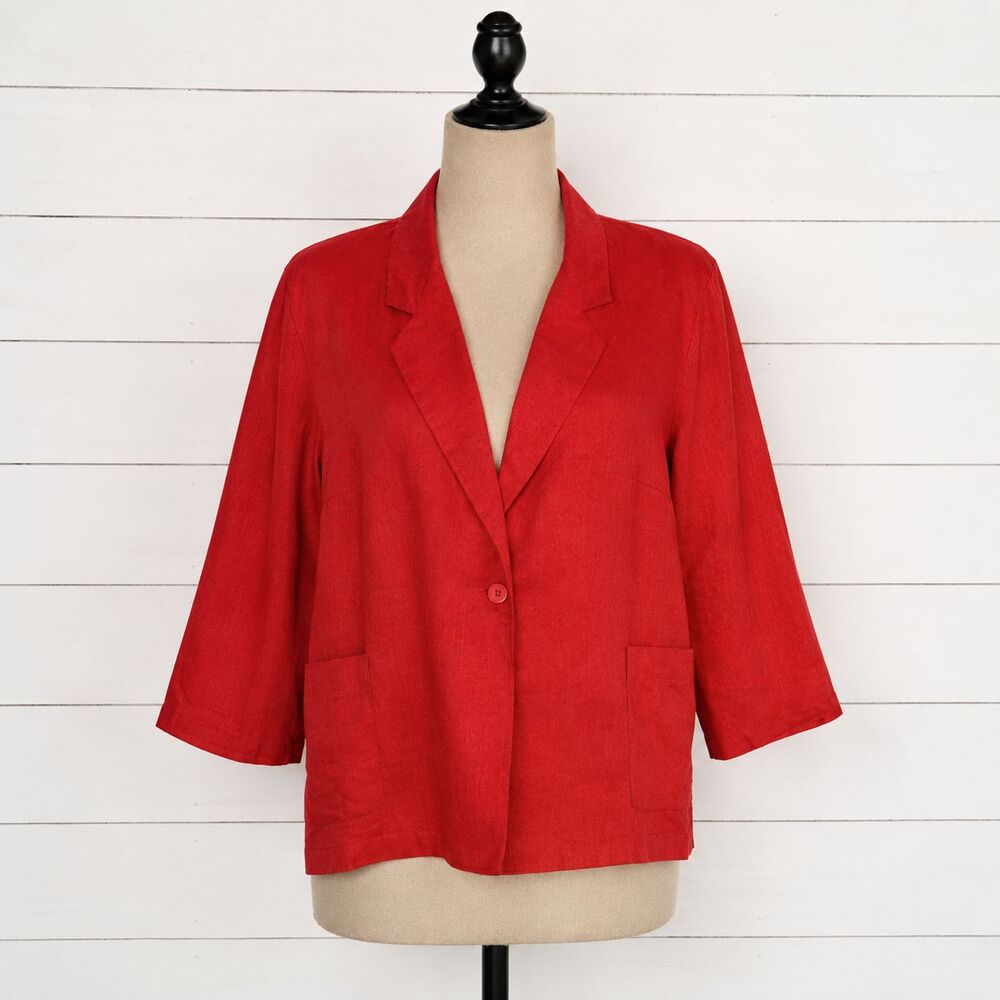 MAGGIE BARNES Blazer Jacket 3X 28 W Red Textured Open Front 1 Button Classic USA